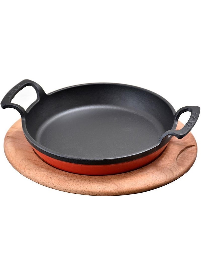 Lava Round Handled Pan and Wooden Base. Diameter (Ø) 20CM. - Red 