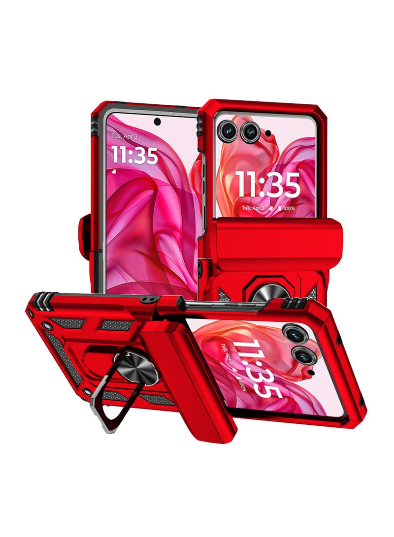 general Red Case compatible with MOTO Razr 2024, built-in sliding lens protection and 360° rotatable ring stand and hinge protection, folding case