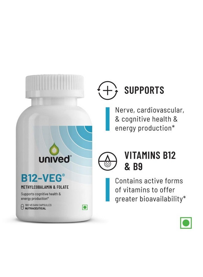 Unived Unived Vitamin B12 Veg, Methylcobalamin (98%), with Methyltetrahydrofolate (5-MTHF), Brain Cells & Nerve Tissue Support, 180 Capsules  - Image 2
