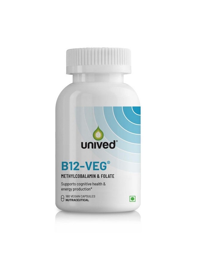 Unived Unived Vitamin B12 Veg, Methylcobalamin (98%), with Methyltetrahydrofolate (5-MTHF), Brain Cells & Nerve Tissue Support, 180 Capsules  - Image 1
