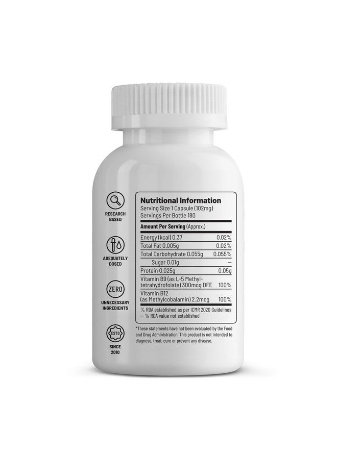 Unived Unived Vitamin B12 Veg, Methylcobalamin (98%), with Methyltetrahydrofolate (5-MTHF), Brain Cells & Nerve Tissue Support, 180 Capsules  - Image 3
