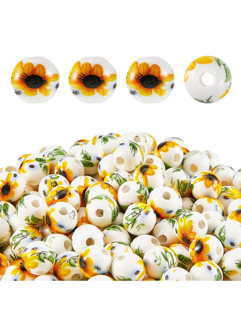 KASTWAVE 200 Pieces Flower Round Bead Sunflower Ceramic Beads Porcelain Flower Beads DIY Spacer Bead Sunflower Pattern Beads 10 mm for Handmade Jewelry Making Bracelets Necklace Traditional Chinese Style - Image 1