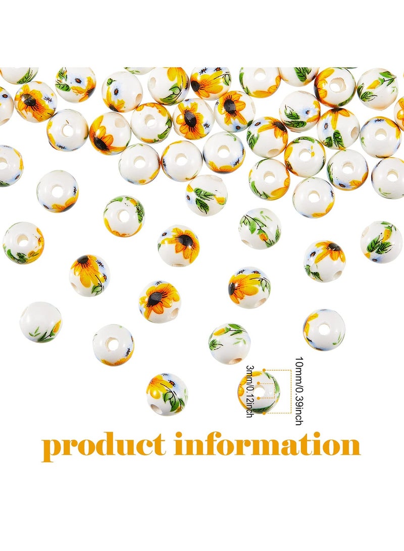 KASTWAVE 200 Pieces Flower Round Bead Sunflower Ceramic Beads Porcelain Flower Beads DIY Spacer Bead Sunflower Pattern Beads 10 mm for Handmade Jewelry Making Bracelets Necklace Traditional Chinese Style - Image 2