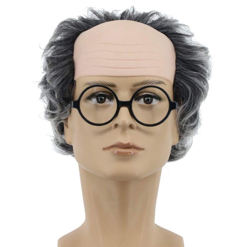 yuehong Short Gray Curly Bald Old Men Wig Receding Hairline Costume Hair Heat Resistant Synthetic Fibers Soft Breathable WigGray