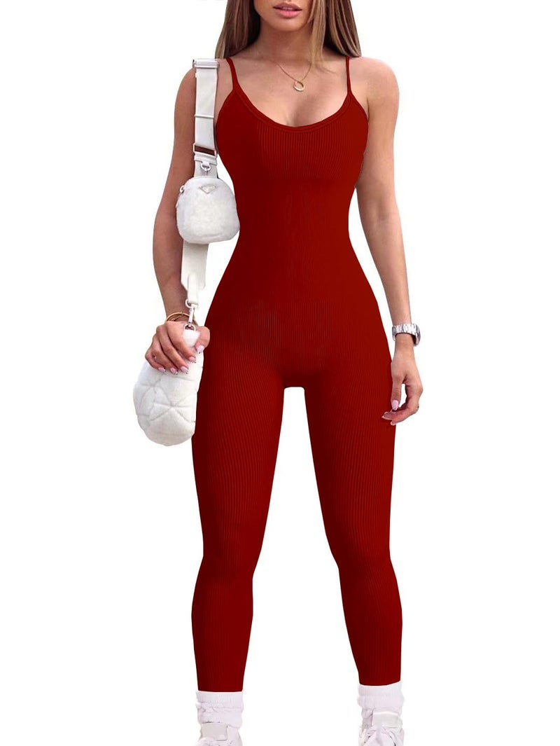YIOIOIO Women Workout Seamless Jumpsuit Yoga Ribbed Bodycon One Piece Spaghetti Strap Shorts Romper - Image 1