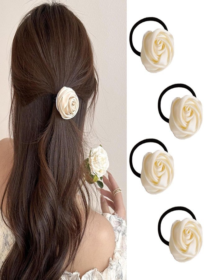Melodio 4Pcs White Rose Hair Ties for Women,Mother’s Day Elastic Hair Tie,Spring Flower Hair Roses,Mother’s Day Gift Girls Hair Accessories for Thick/Thin Ponytail Holder (White) - Image 1