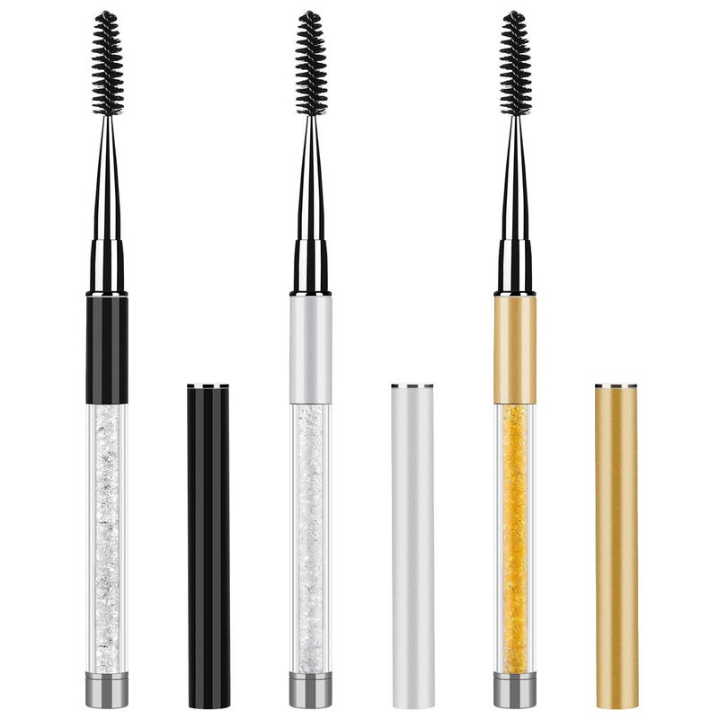 Tbestmax Eye Brush Mascara Wands Eyelash Spoolie Brushes Eye Brow Brush Applicator with Cap for Travel, Crystal White Black Gold 3 Pcs - Image 1