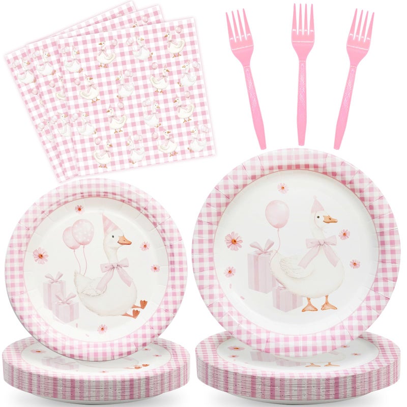Koeilay 96 Pcs One Silly Goose Party Supplies Disposable Tableware Set Serve 24 Guests Include Silly Goose Paper Plates Pink Gingham Napkins Plastic Forks for Baby Shower Wedding Birthday Party Decoration - Image 1