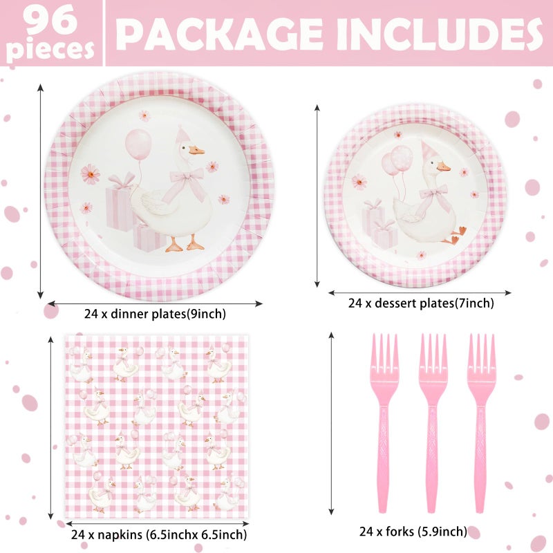 Koeilay 96 Pcs One Silly Goose Party Supplies Disposable Tableware Set Serve 24 Guests Include Silly Goose Paper Plates Pink Gingham Napkins Plastic Forks for Baby Shower Wedding Birthday Party Decoration - Image 2