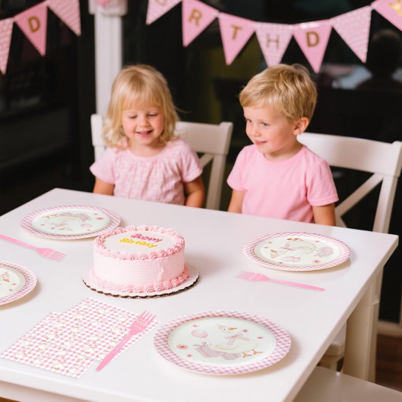 Koeilay 96 Pcs One Silly Goose Party Supplies Disposable Tableware Set Serve 24 Guests Include Silly Goose Paper Plates Pink Gingham Napkins Plastic Forks for Baby Shower Wedding Birthday Party Decoration - Image 4
