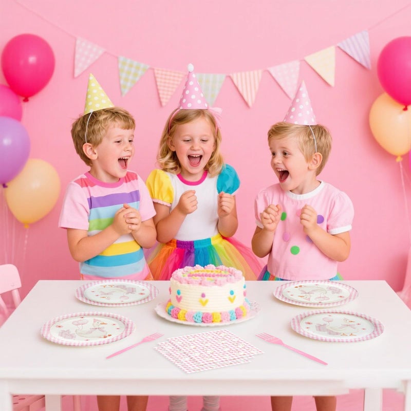 Koeilay 96 Pcs One Silly Goose Party Supplies Disposable Tableware Set Serve 24 Guests Include Silly Goose Paper Plates Pink Gingham Napkins Plastic Forks for Baby Shower Wedding Birthday Party Decoration - Image 5