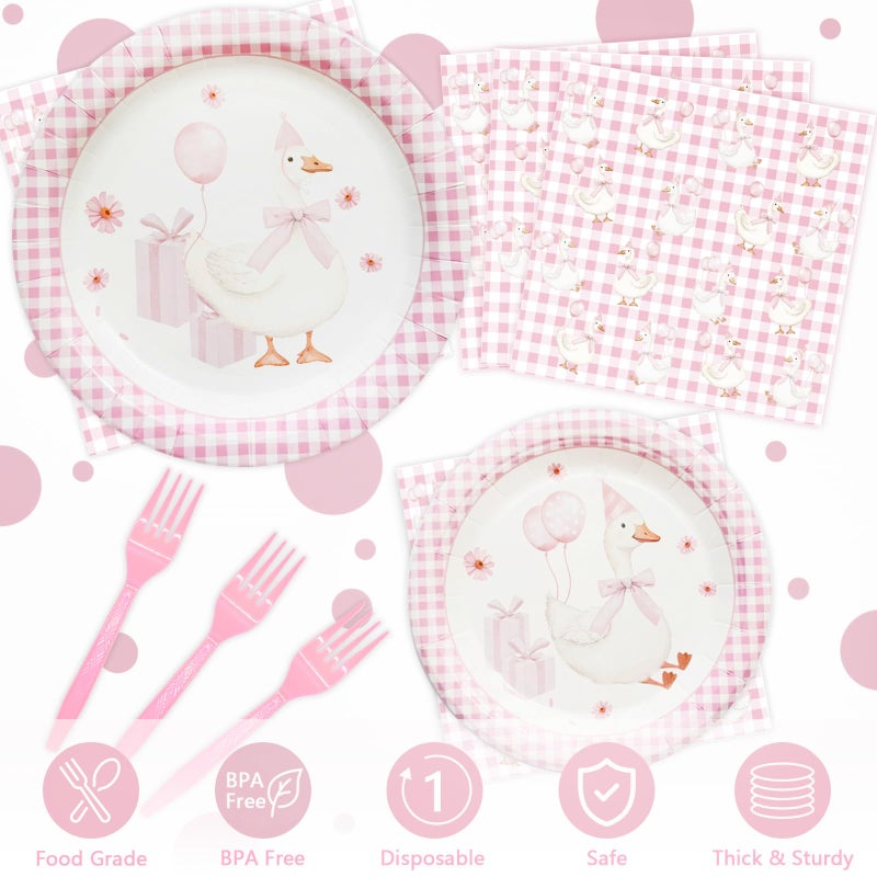 Koeilay 96 Pcs One Silly Goose Party Supplies Disposable Tableware Set Serve 24 Guests Include Silly Goose Paper Plates Pink Gingham Napkins Plastic Forks for Baby Shower Wedding Birthday Party Decoration - Image 3