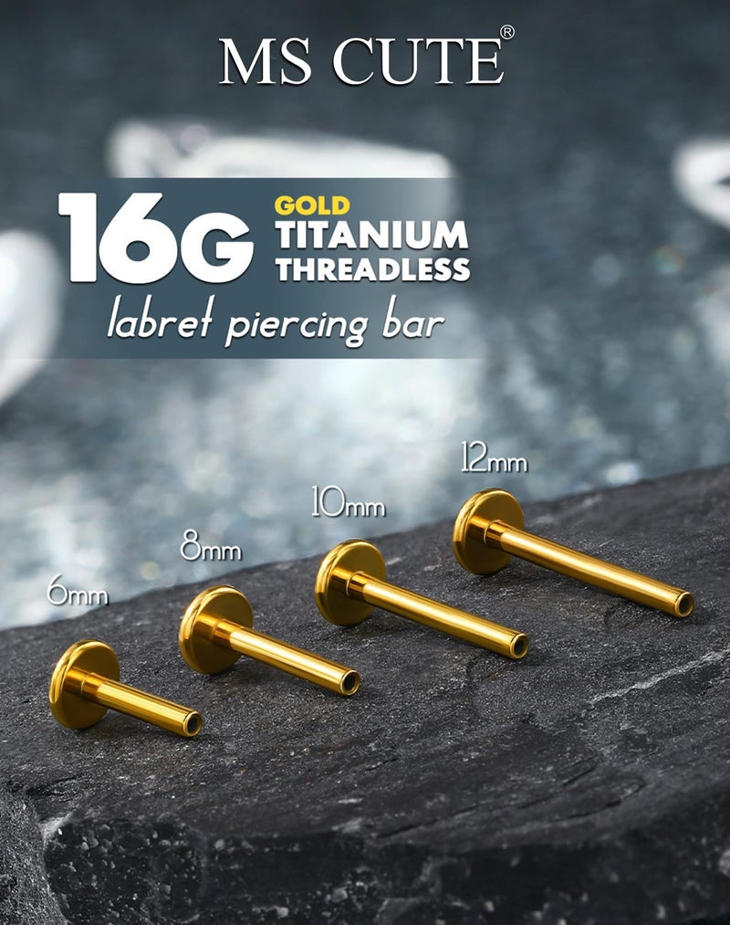 MS CUTE 2Pcs Helix Earrings, Threadless G23 Solid Titanium 16G Replacement Post Bar of Flat Back Stud Earrings in Helix Cartilage Tragus Piercing Jewelry for Women Men-Gold 6MM - Image 2
