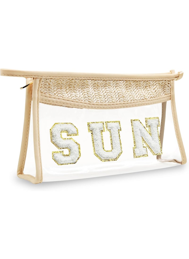 LSxia Boho Hand-woven Makeup Bag, Chenille Letter Patch Clear Travel Pouch, Rattan Straw Bag Clear Cosmetic Sunscreen Bags, Women Summer Retro Travel Beach Bag Beach Essentials (Boho_Beige-Sun) 