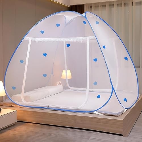 Evafly Mosquito Net for Double Bed | Heart Design (Limited Edition) | King Size Foldable Machardani | Polyester 30GSM Strong Net | Corrosion Resistant Steel Wire - Blue - Image 1
