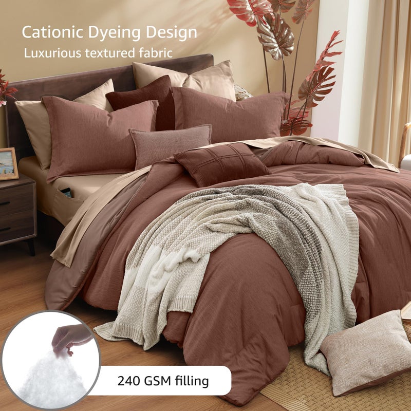 Monbix California King Comforter Set - 7 Pieces Cationic Dyeing Terracotta Bed in a Bag Cal King Bed Sets with Comforter, Sheets, Pillowcases & Shams, Reversible Bedding Comforters Sets - Image 3