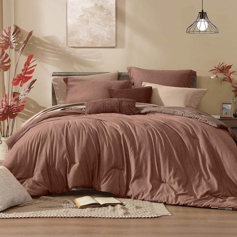 Monbix California King Comforter Set - 7 Pieces Cationic Dyeing Terracotta Bed in a Bag Cal King Bed Sets with Comforter, Sheets, Pillowcases & Shams, Reversible Bedding Comforters Sets - Image 1