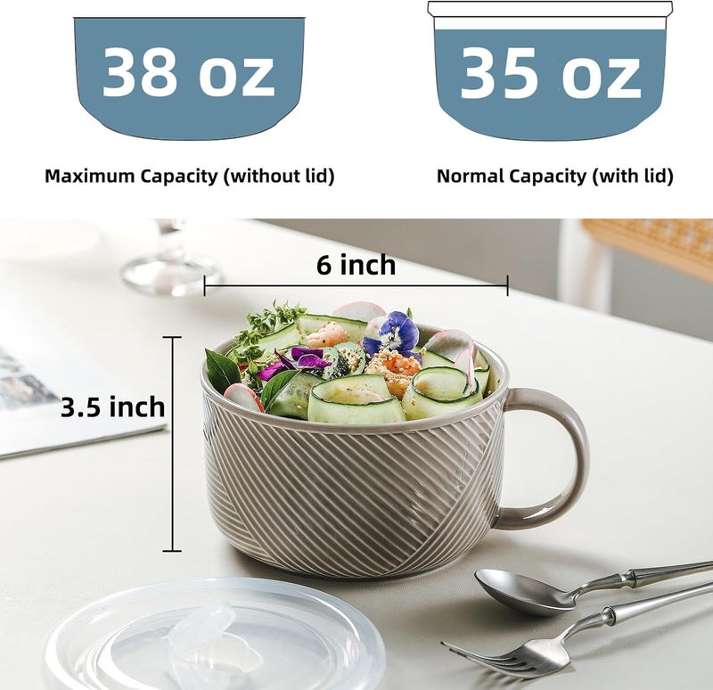 Adewnest Ceramic Soup Bowl with Handle 38 oz Microwave Safe Extra Large Mug for Oatmeal Cereal Breakfast Meal Prep Work Lunch Dorm Living Single Serve Dinner  6 Inch Grey - Image 2