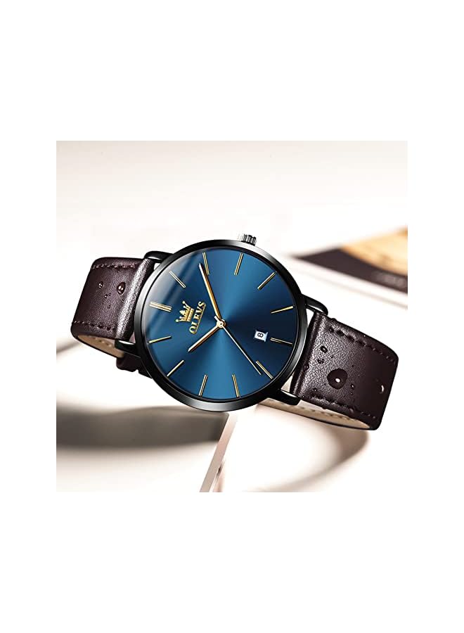 OLEVS Mens Wrist Watches Ultra Thin 6.5Mm Minimalist Business Dress Waterproof  Date  Leather Strap Slim Watches For Men - Image 3