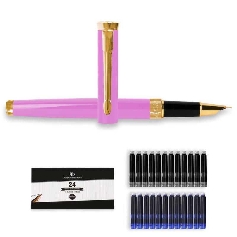 Dryden Designs Fine Nib Fountain Pen - Includes 24 Ink Cartridges - 12 Black and 12 Blue - Pink - Smooth Elegant Writing with Fine Nib and Ink Converters - Image 1