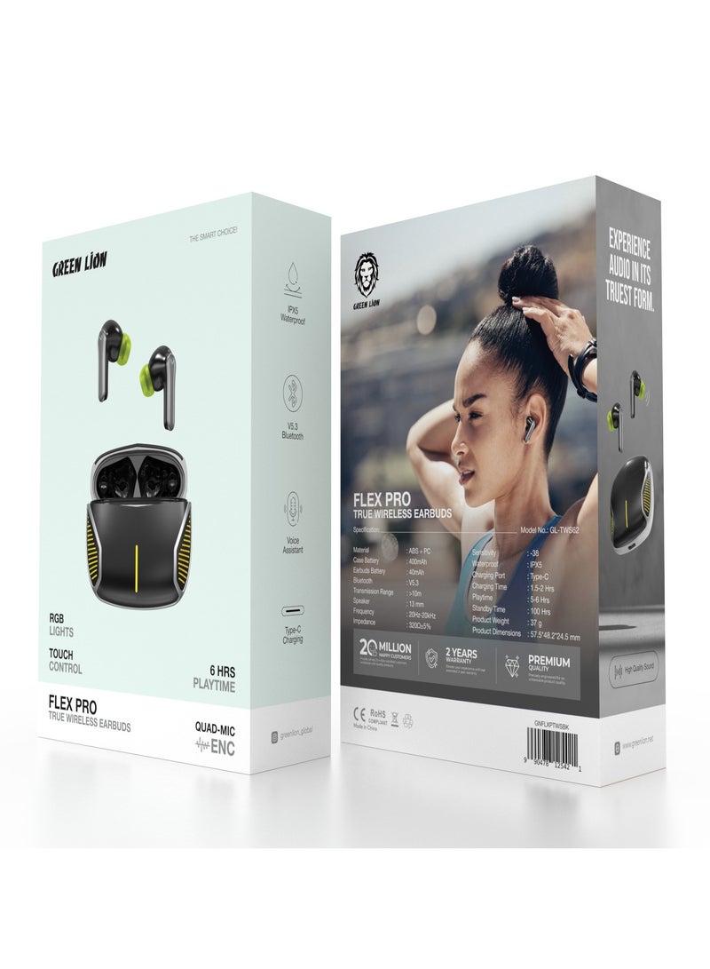 Flex Pro TWS True Wireless ENC Earbuds with RGB Lights and Touch Control / Voice Assistant / Up to 6 Hours Playtime / High Quality Sound / +10m Transmission Range - Black