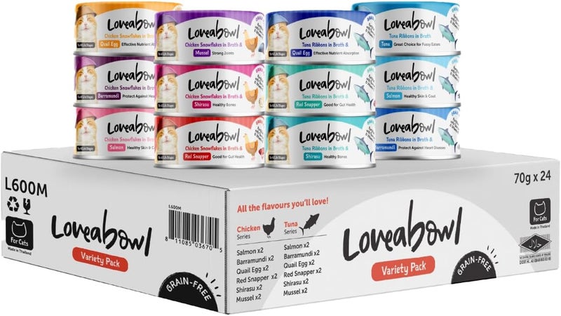 Loveabowl Spec upgraded improved quality Love About Wet Cat Food, Variety Pack, Multi Variety, Tuna Fillets & Chicken Flakes in Gravy, 12 Flavors, 24 Cans, 70g Custom sizing alternatives - Image 1