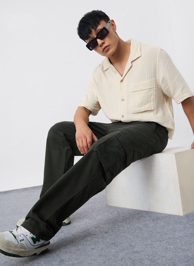 The Souled Store Dark Moss Men Solid Straight Fit Cargo Jeans - Image 1