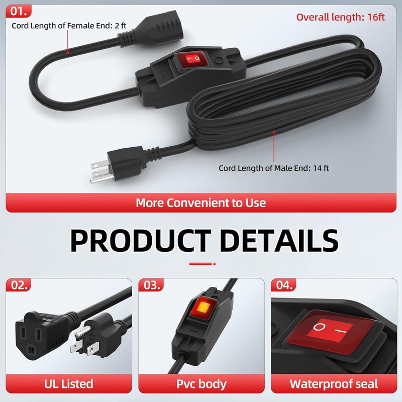Joinfworld سلك تمديد مزود بمفتاح من Join fworld بطول 16 قدمًا للاستخدام الخارجي، 14 AWG، ثلاثي الشعب، ثقيل الخدمة، مع مفتاح تشغيل/إيقاف 15 A 125 V، ومفتاح طاقة مضاء مدمج مقاوم للماء للمعدات الكهربائية - Image 3