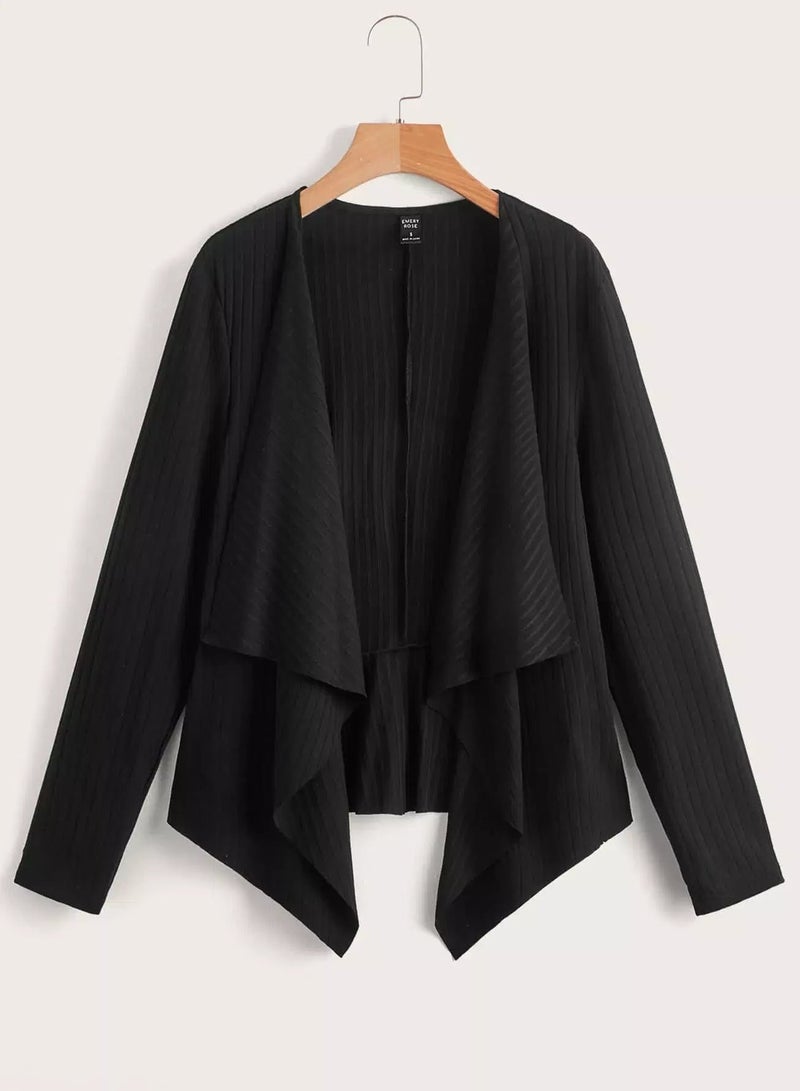 Waterfall Collar Hanky Hem Open Front Ribbed Knit Jacket - Image 1