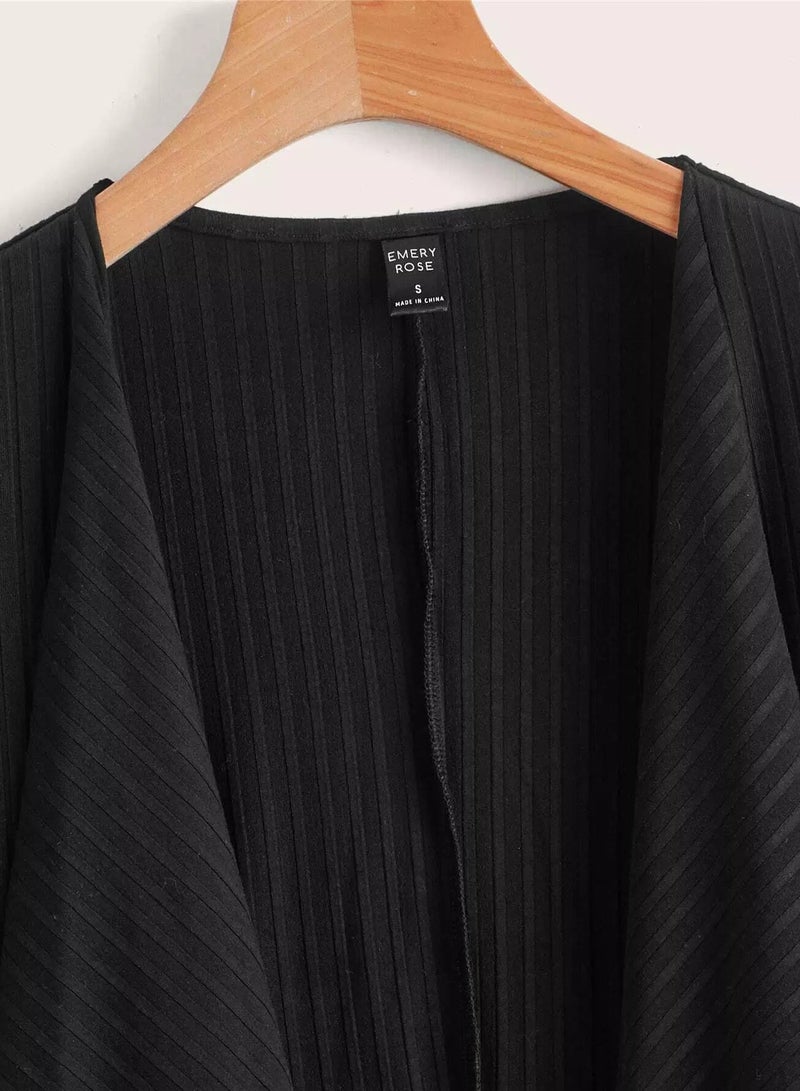Waterfall Collar Hanky Hem Open Front Ribbed Knit Jacket - Image 3