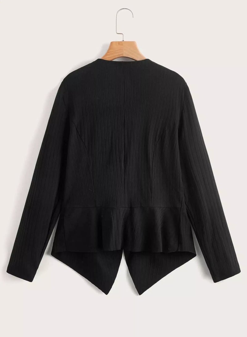 Waterfall Collar Hanky Hem Open Front Ribbed Knit Jacket - Image 2