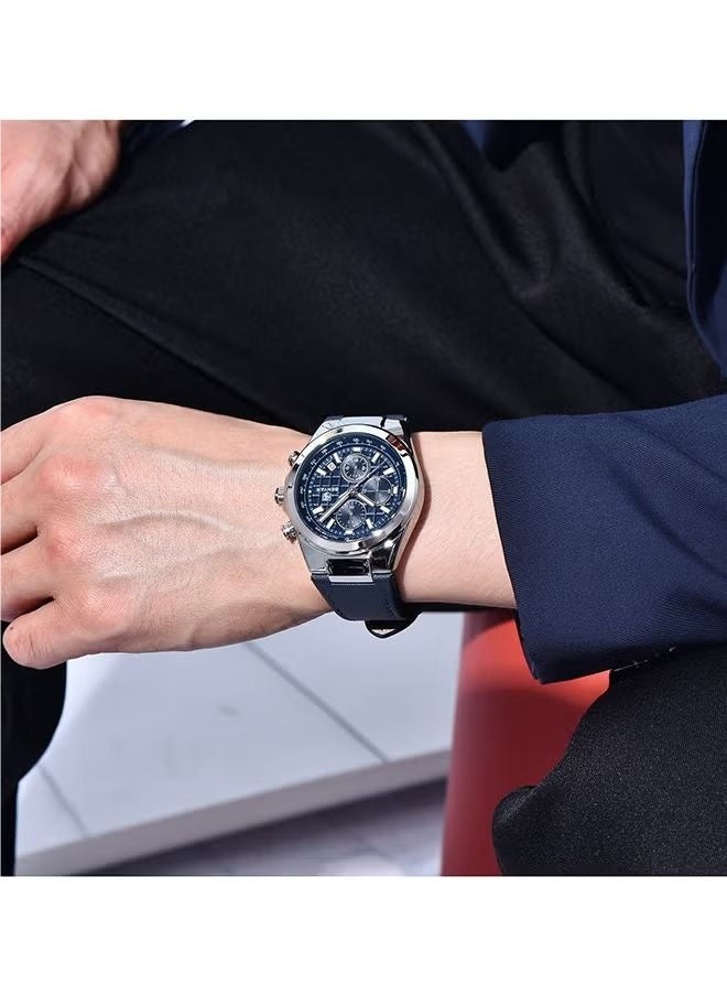 BENYAR Men's Quartz Leather Strap Sports Chronograph Watch Men's Automatic Date Daily Waterproof, BY-5206 Silver Blue  - Image 2
