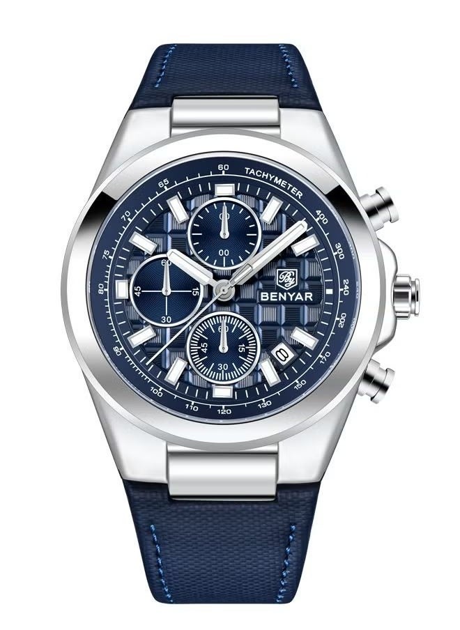 BENYAR Men's Quartz Leather Strap Sports Chronograph Watch Men's Automatic Date Daily Waterproof, BY-5206 Silver Blue  - Image 1