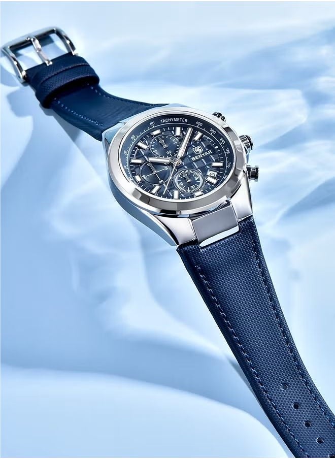 BENYAR Men's Quartz Leather Strap Sports Chronograph Watch Men's Automatic Date Daily Waterproof, BY-5206 Silver Blue  - Image 3