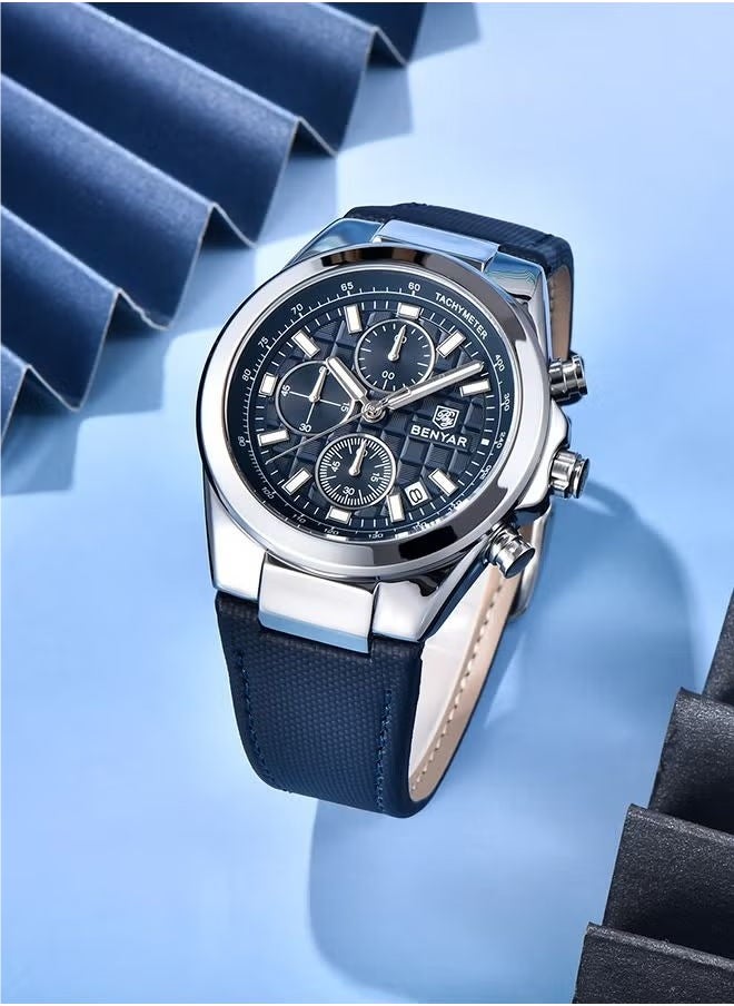 BENYAR Men's Quartz Leather Strap Sports Chronograph Watch Men's Automatic Date Daily Waterproof, BY-5206 Silver Blue  - Image 4