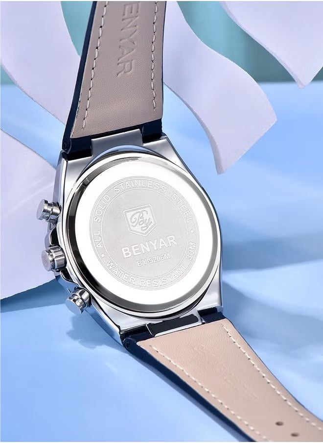 BENYAR Men's Quartz Leather Strap Sports Chronograph Watch Men's Automatic Date Daily Waterproof, BY-5206 Silver Blue  - Image 5