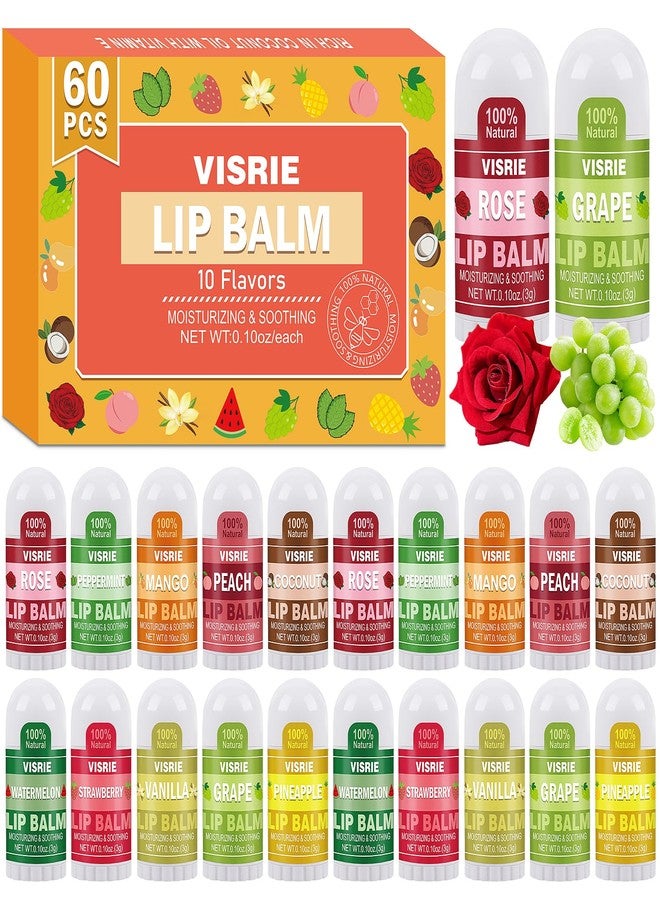 VISRIE Mini Lip Balm 60 Pack, Natural Lip Balms Bulk with Vitamin E and Coconut Oil, Moisturizing Lip Balm for Dry Cracked lips - 10 Flavors - Image 1
