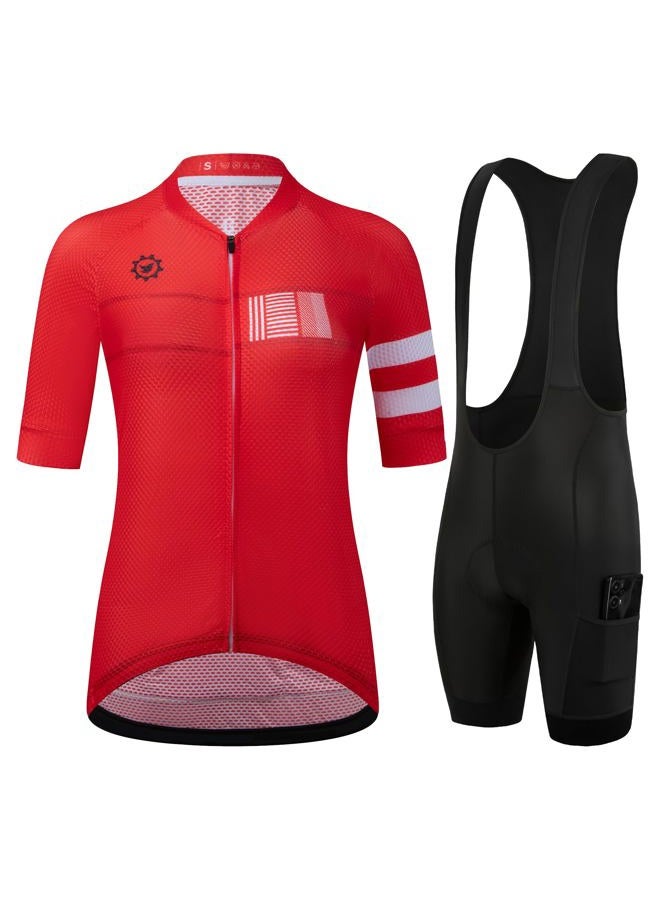 GCRFL Women's Cycling Jersey Sets Road Bike Jersey Riding Shirts Highly Breathable, Bib Shorts with Pockets and 4D Padded (Red, M) - Image 1