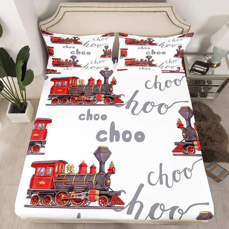 Feelyou Cartoon Car Bed Sheets Set Kids Train Sheet Set Boys Girls Choo-Choo Rail Roads Tracks Decor Sheets with Deep Pocket Fitted Sheet Microfiber Train Construction Bedding Set Bedroom Twin Size - Image 2