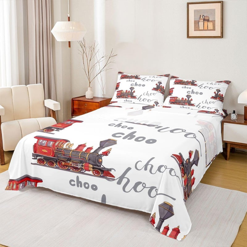 Feelyou Cartoon Car Bed Sheets Set Kids Train Sheet Set Boys Girls Choo-Choo Rail Roads Tracks Decor Sheets with Deep Pocket Fitted Sheet Microfiber Train Construction Bedding Set Bedroom Twin Size - Image 3