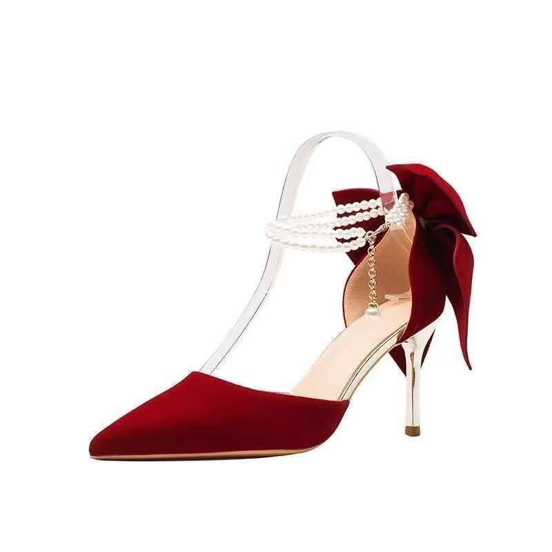 Red Xiuhe Wedding Shoes Stiletto Pointed Toe High Heels For Women Style Bow Pearl Non-Tiring Bridal Shoes - Image 1