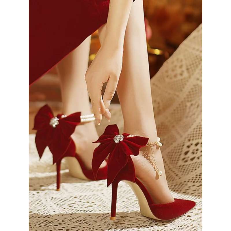 Red Xiuhe Wedding Shoes Stiletto Pointed Toe High Heels For Women Style Bow Pearl Non-Tiring Bridal Shoes - Image 2