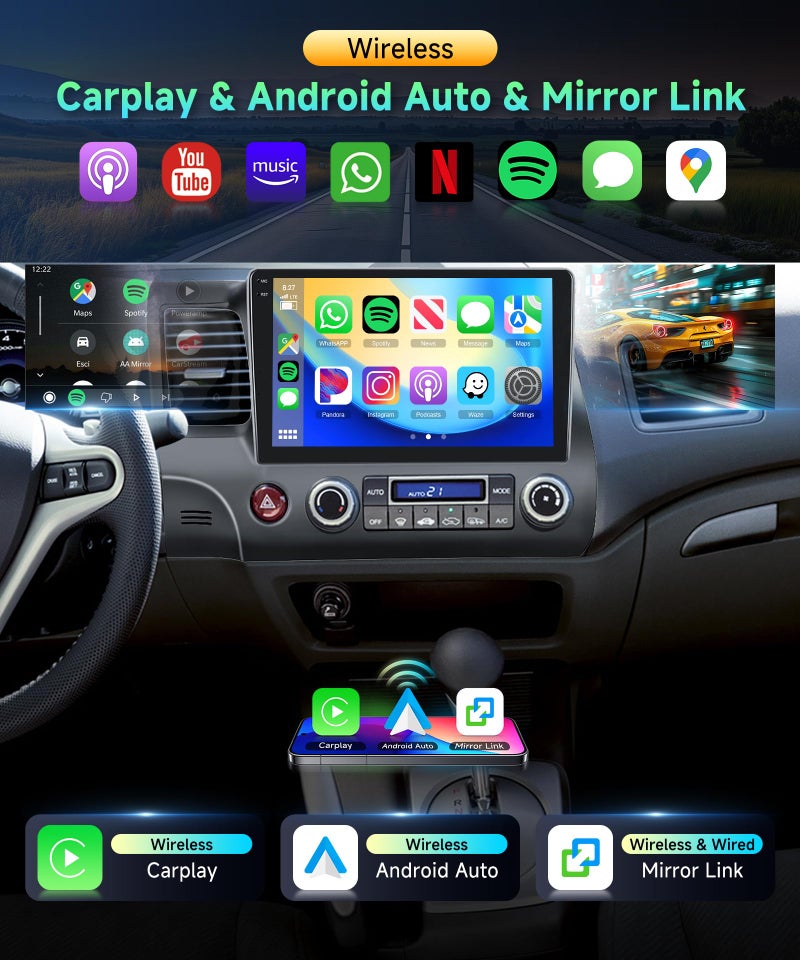 Podofo 4G 128G Car Stereo for Honda Civic 2006 2007 2008 2009 2010 2011 Radio,10.1" Incell Touchscreen Wireless Carplay Android Auto 36EQ Bluetooth 5.0 Android 15 GPS WiFi FM/RDS Backup Camera - Image 3