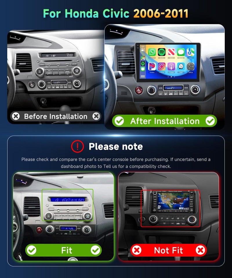 Podofo 4G 128G Car Stereo for Honda Civic 2006 2007 2008 2009 2010 2011 Radio,10.1" Incell Touchscreen Wireless Carplay Android Auto 36EQ Bluetooth 5.0 Android 15 GPS WiFi FM/RDS Backup Camera - Image 2