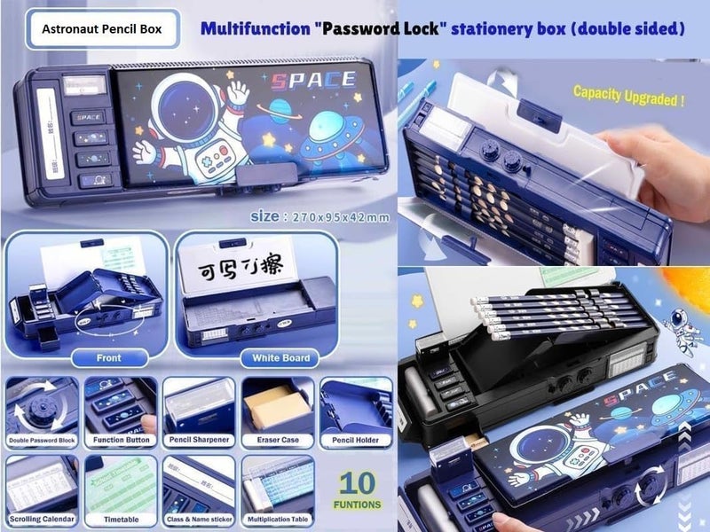 Royals hub Plastic Multifunctional Space Password Lock Double Sided Compass Box For Kids, Pencil Box For Boy & Girl, Aesthetic, Space Astronaut Theme Pencil Case Return Gifts For Kids, Blue - Image 5