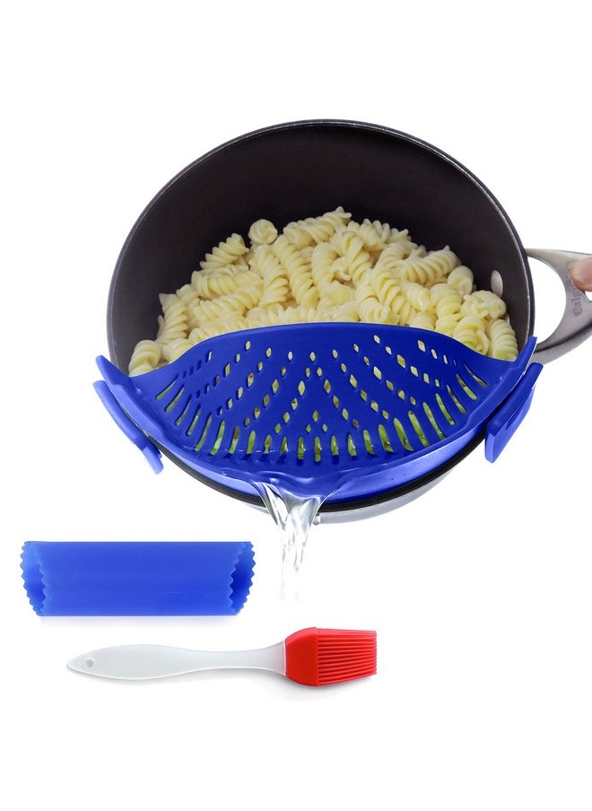 Salbree - Kitchen Food Strainer For Spaghetti, Pasta, Ground Beef Grease, Colander & Sieve Snaps On Bowls, Pots And Pans, Set Includes Silicone Strainer, Brush & Garlic Peeler By Salbree (Dark Blue) - Image 1