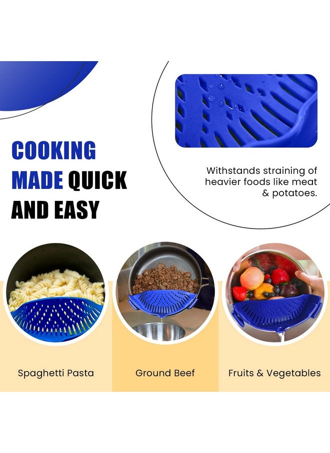 Salbree - Kitchen Food Strainer For Spaghetti, Pasta, Ground Beef Grease, Colander & Sieve Snaps On Bowls, Pots And Pans, Set Includes Silicone Strainer, Brush & Garlic Peeler By Salbree (Dark Blue) - Image 1