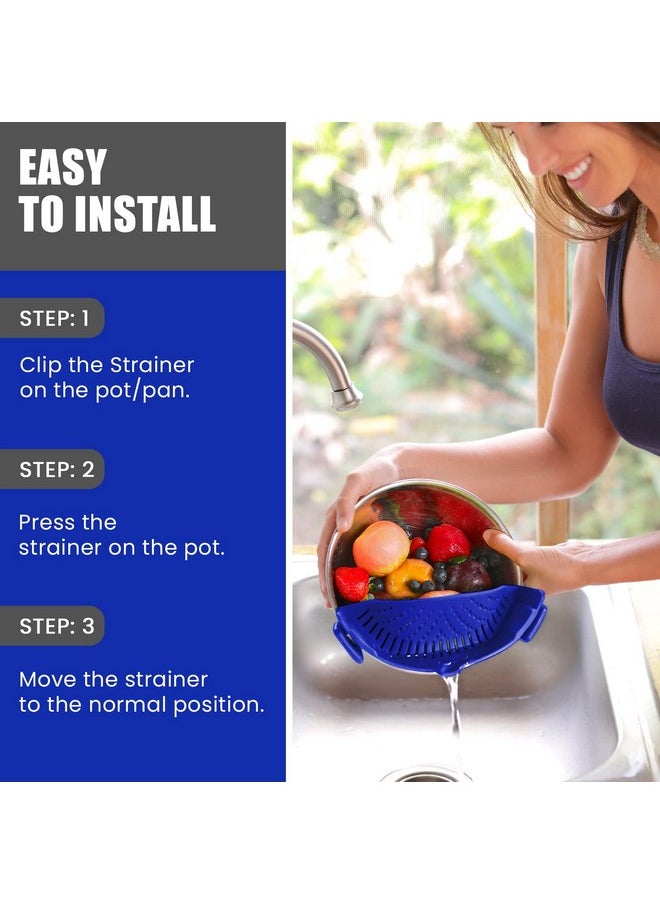 Salbree - Kitchen Food Strainer For Spaghetti, Pasta, Ground Beef Grease, Colander & Sieve Snaps On Bowls, Pots And Pans, Set Includes Silicone Strainer, Brush & Garlic Peeler By Salbree (Dark Blue) - Image 1