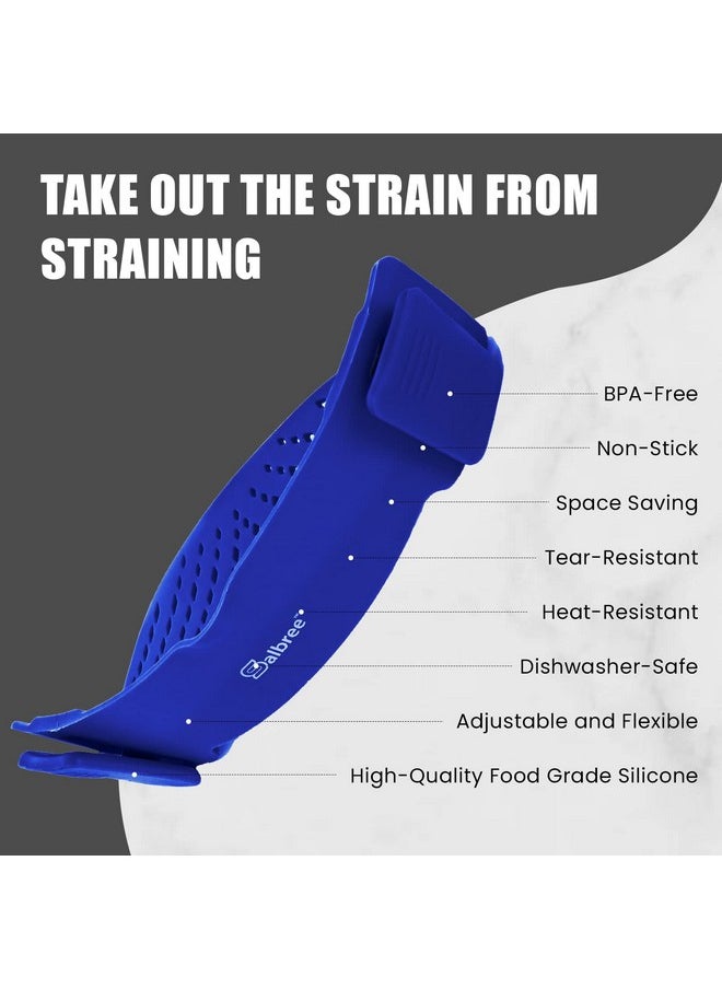 Salbree - Kitchen Food Strainer For Spaghetti, Pasta, Ground Beef Grease, Colander & Sieve Snaps On Bowls, Pots And Pans, Set Includes Silicone Strainer, Brush & Garlic Peeler By Salbree (Dark Blue) - Image 1