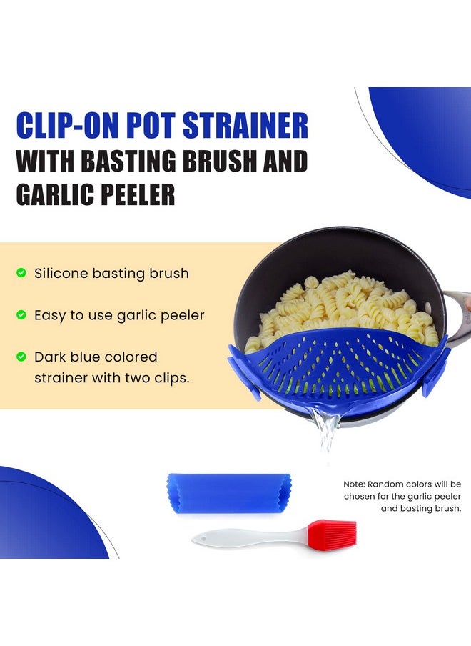 Salbree - Kitchen Food Strainer For Spaghetti, Pasta, Ground Beef Grease, Colander & Sieve Snaps On Bowls, Pots And Pans, Set Includes Silicone Strainer, Brush & Garlic Peeler By Salbree (Dark Blue) - Image 1